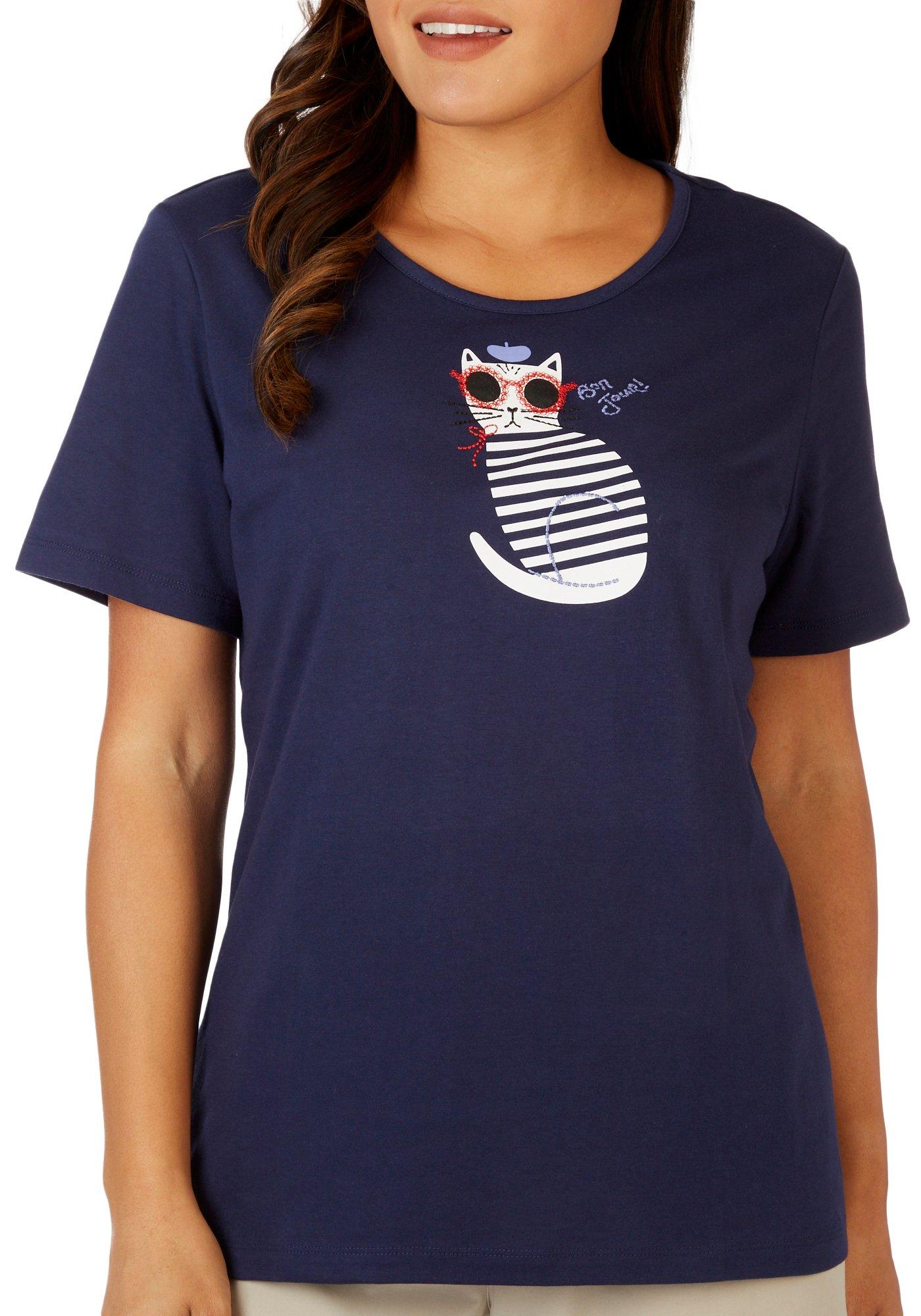 Coral Bay Petite Bon Jour Cat Short Sleeve Tee