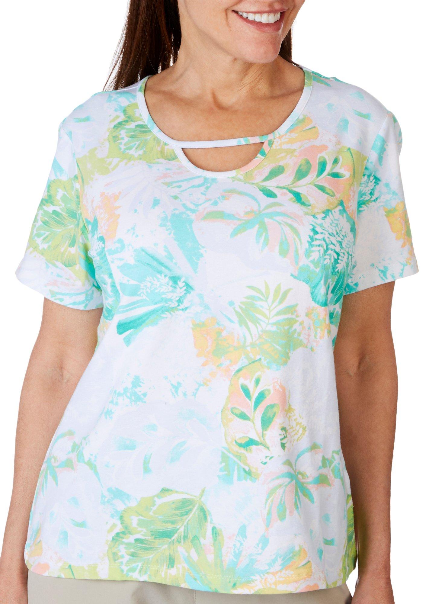 Coral Bay Petite Tropical Garden Keyhole Short Sleeve Top