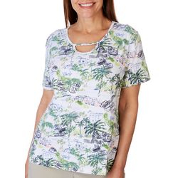 Coral Bay Petite Tropical Travel Keyhole Short Sleeve Top