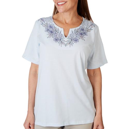 Petite Solid Embroidered Split Neck Short Sleeve Top
