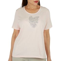 Petite Solid Jeweled Butterfly Silhouette Short Sleeve Top