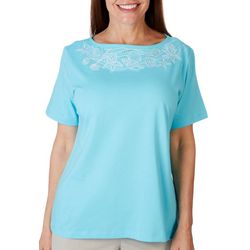 Petite Solid Embellished Sea Shell Short Sleeve Top