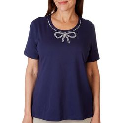 Petite Solid Jeweled Bow Scoop Neck Short Sleeve Tee