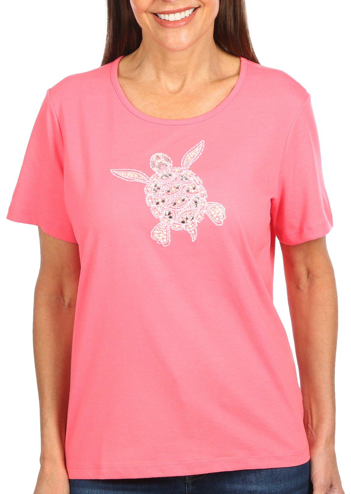 Coral Bay Petite Embellished Sea Turtle Short Sleeve Top