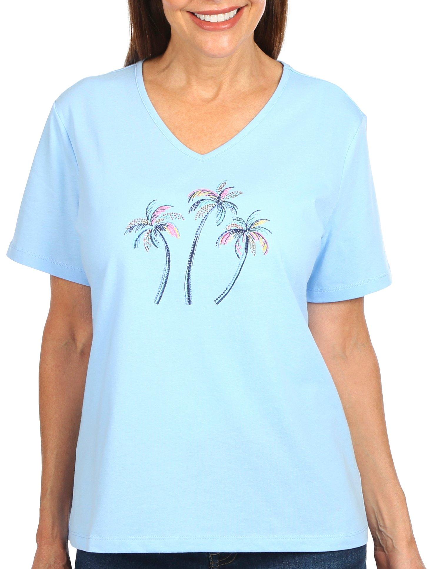 Coral Bay Petite Palm Embellished Solid Short Sleeve Top