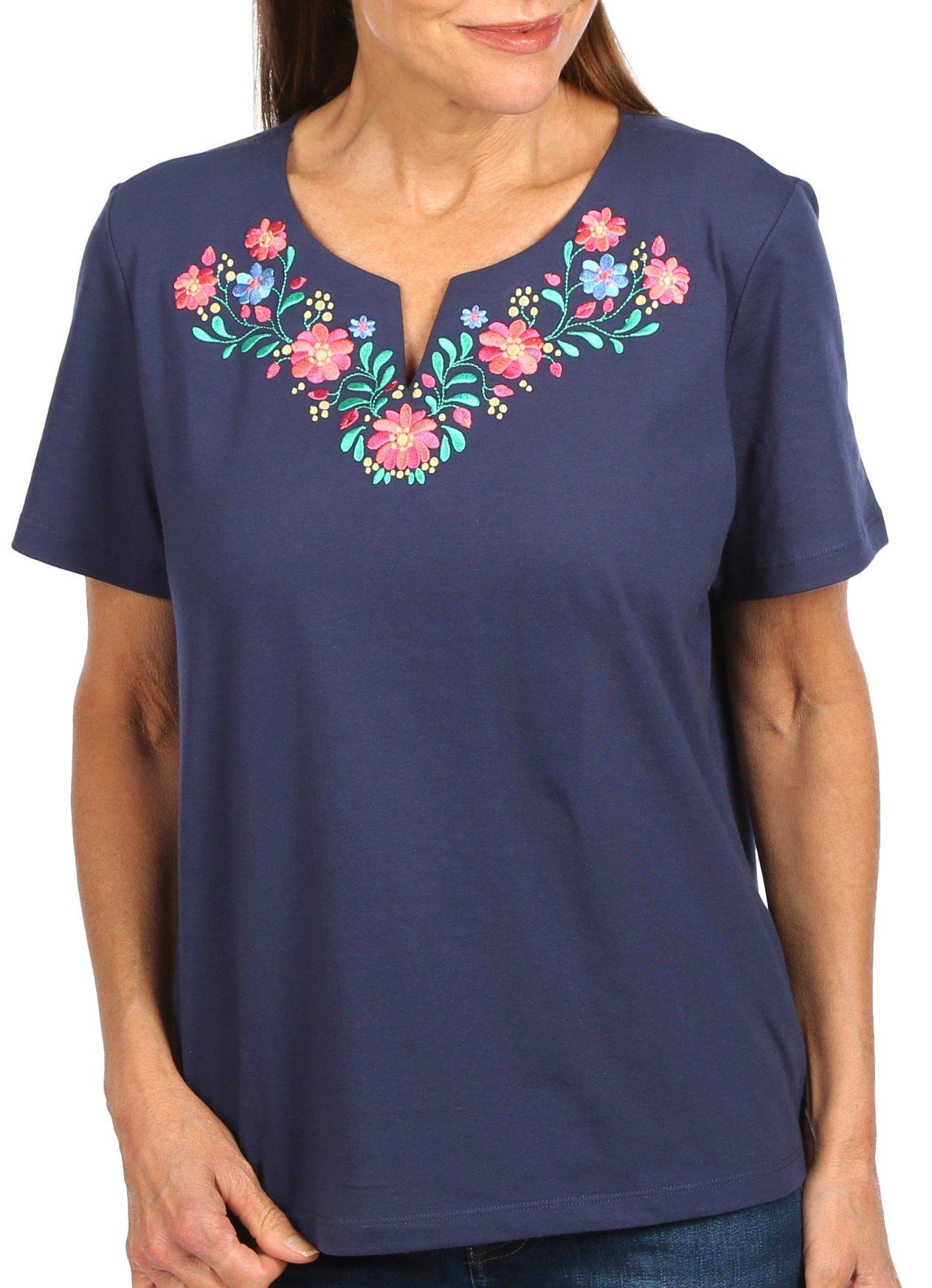 Coral Bay Petite Floral Embroidered Solid Short Sleeve