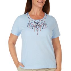 Coral Bay Petite Solid Embroidered  Short Sleeve Top