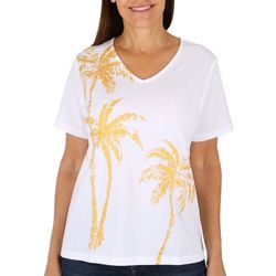 Coral Bay Petite Solid Palm Tree V-Neck Short Sleeve Top