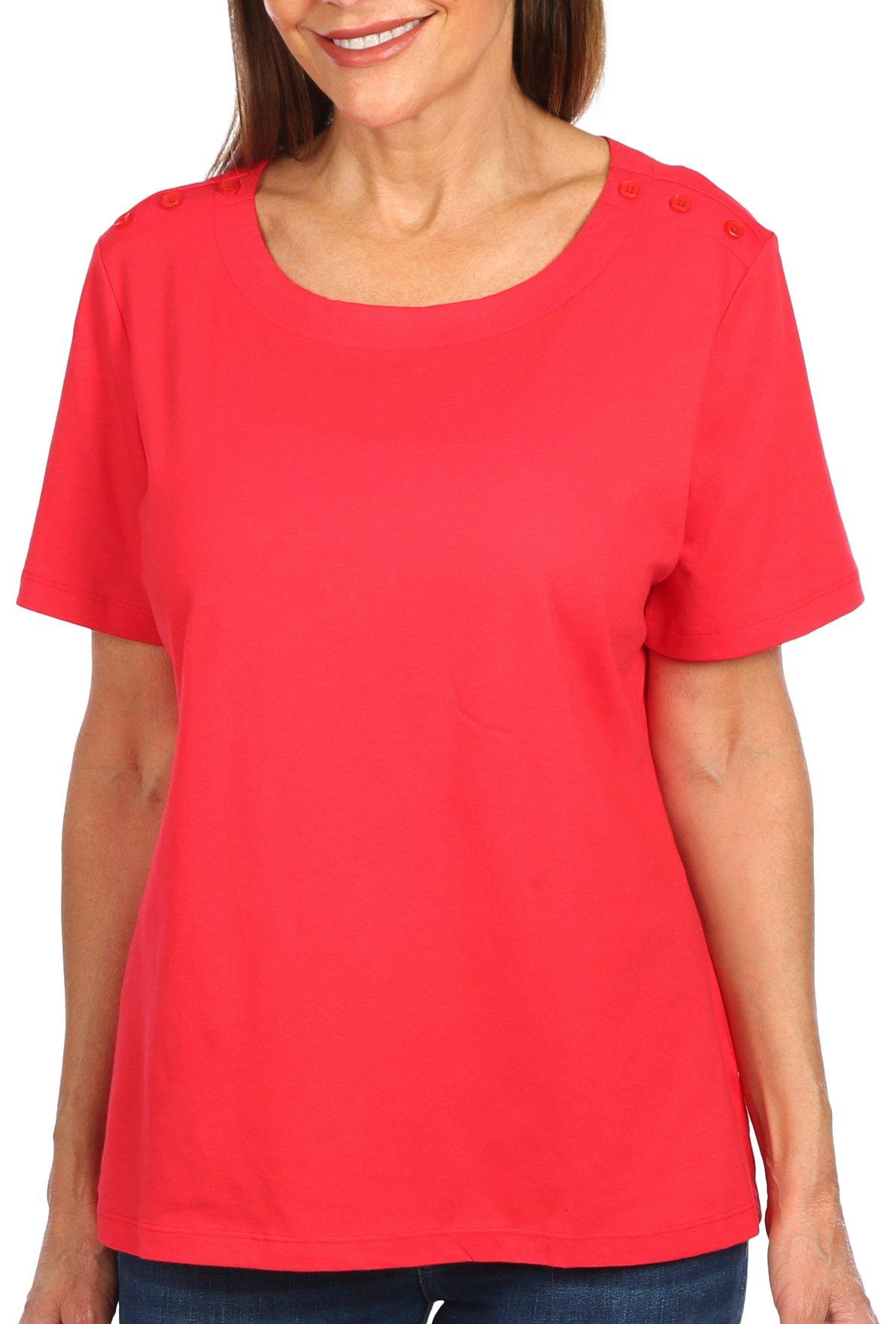 Petite Solid Button Accent Short Sleeve Top