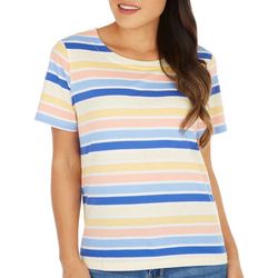 Coral Bay Petite Striped Short Sleeve Wide Scoop Neck Top