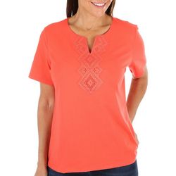 Coral Bay Petite Solid Crochet Notch Neck Short Sleeve Top