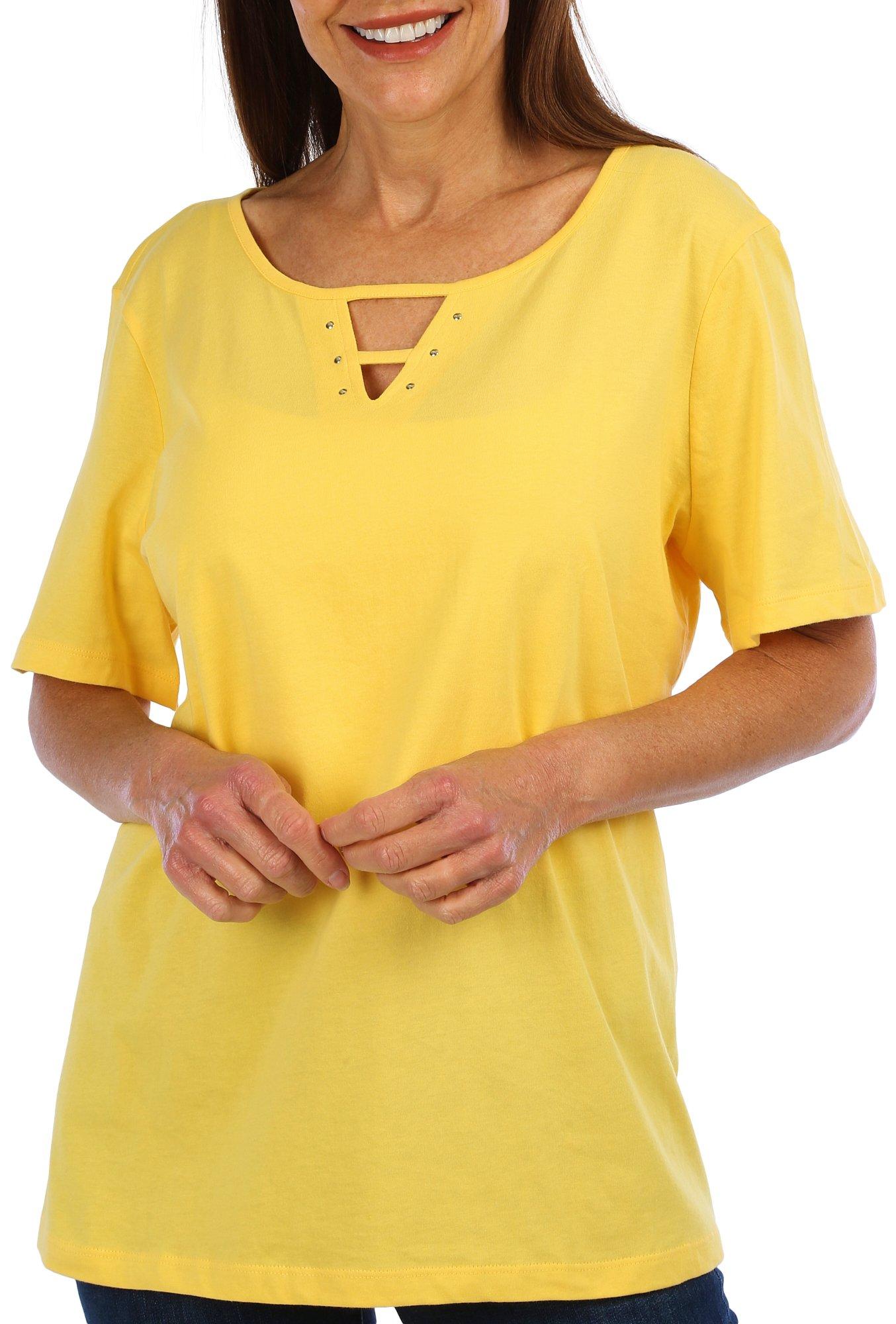Petite Solid Woven Keyhole Short Sleeve Top