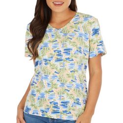 Coral Bay Petite Tropical Palm Print Short Sleeve Top