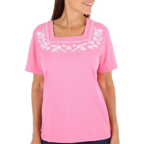 Coral Bay Petite Embroidered Square Neck Short Sleeve