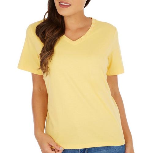 Coral Bay Petite Solid Button V-Neck Short Sleeve