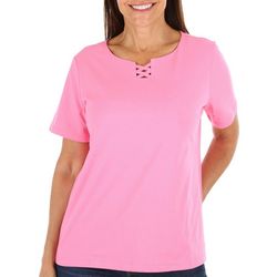 Coral Bay Petite Solid Crisscross Keyhole Short Sleeve Top