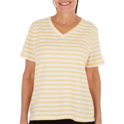 Coral Bay Petite Striped Button V-Neck Short Sleeve Top