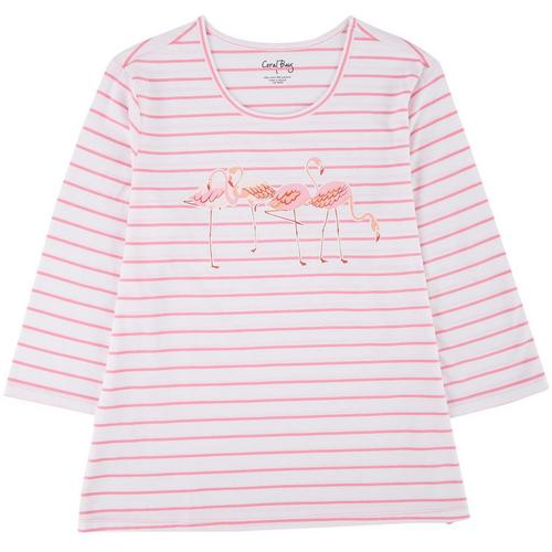 Coral Bay Petite Striped Flamingo 3/4 Sleeve Top