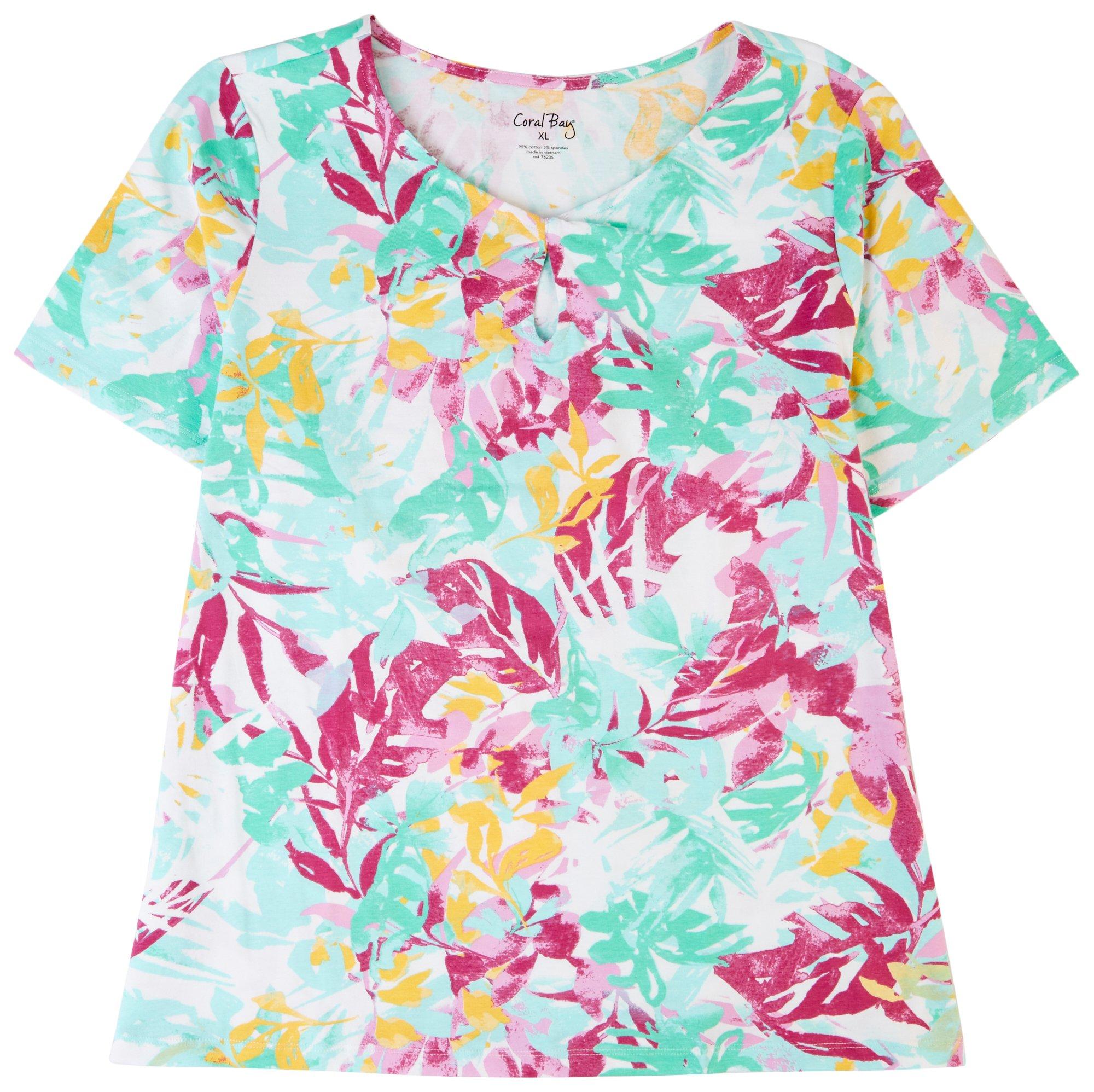 Coral Bay Petite Tropical Keyhole Short Sleeve Top