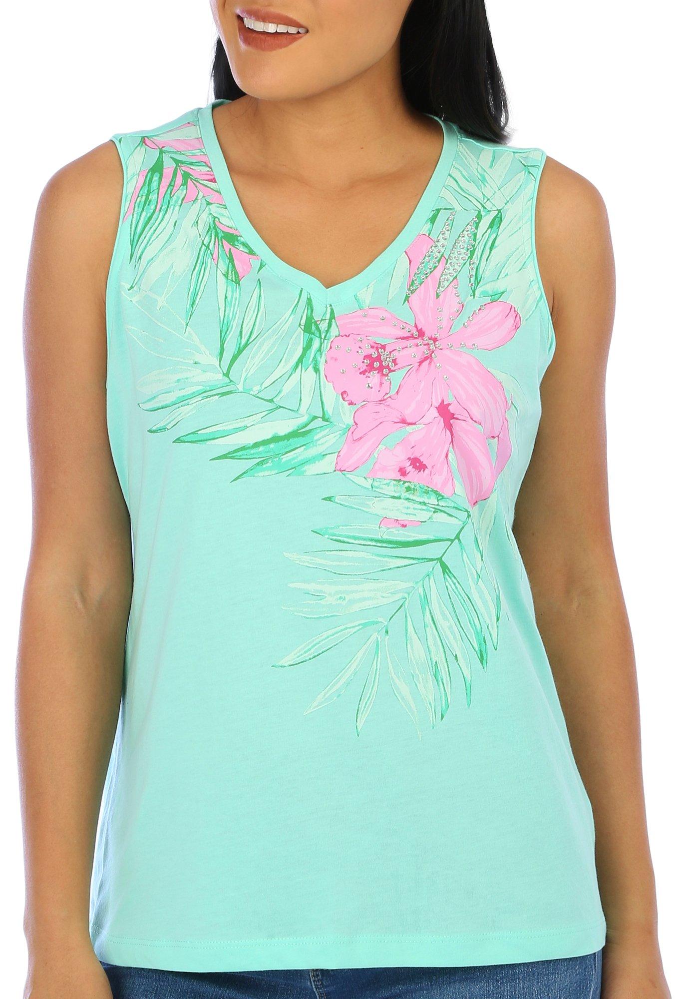 Coral Bay Petite Solid Jeweled Flower Sleeveless Top