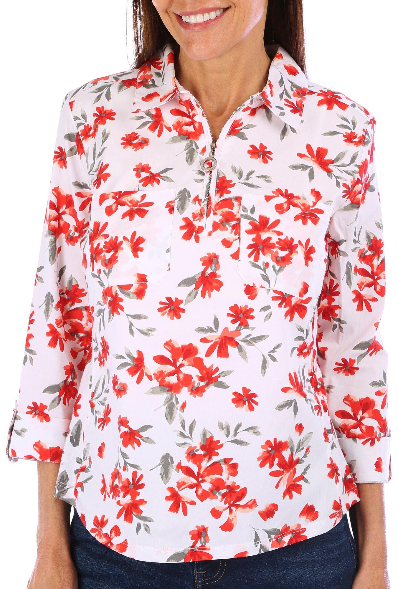 Coral Bay Petites  Floral Knit To Fit  Zip 3/4 Sleeve Top