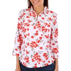 Coral Bay Petites  Floral Knit To Fit  Zip 3/4 Sleeve Top