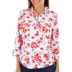 Petites  Floral Knit To Fit  Zip 3/4 Sleeve Top