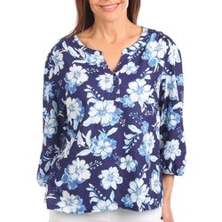 Coral Bay Petite Floral Print Button Placket 3/4 Sleeve Top