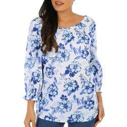 Coral Bay Petite Floral Ruched Neck 3/4 Sleeve Top