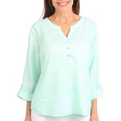 Coral Bay Petite Solid Henley Button Placket 3/4 Sleeve Top