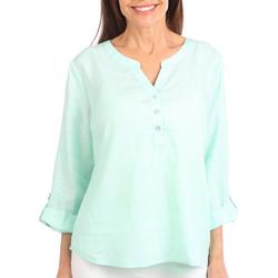 Petite Solid Henley Button Placket 3/4 Sleeve Top