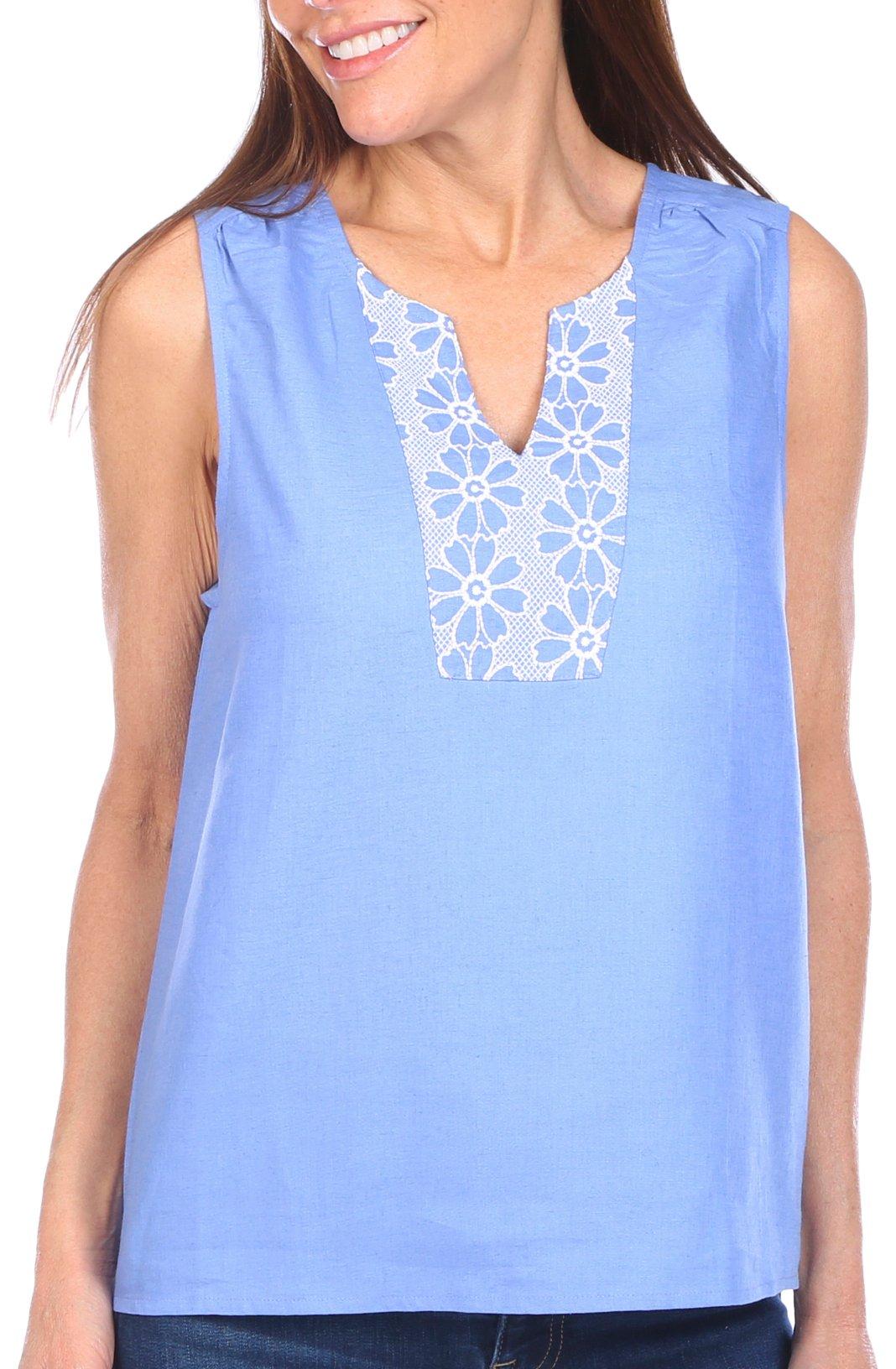 Coral Bay Petite Embroidery Split Neck Sleeveless Top