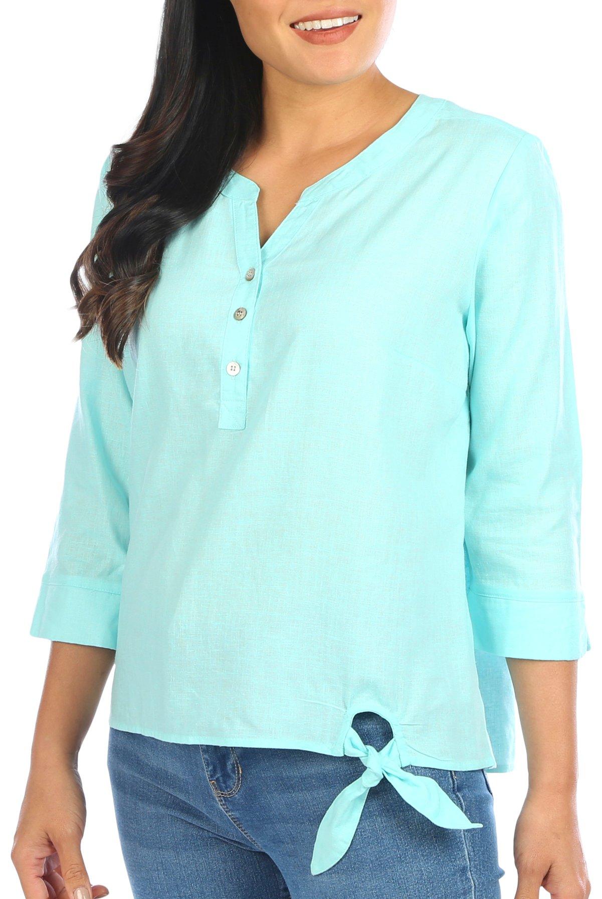Coral Bay Womens Solid Henley Button Placket 3/4