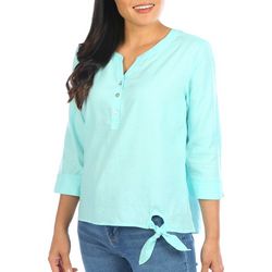 Coral Bay Womens Solid Henley Button Placket 3/4 Sleeve Top