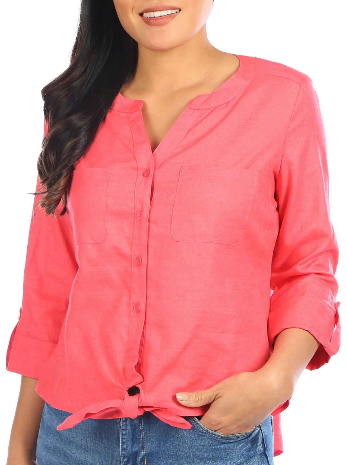 Coral Bay Petite Solid Button Down 3/4 Sleeve Top