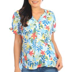 Coral Bay Petite Floral Print Henley Short Sleeve Top