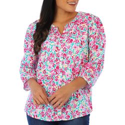 Coral Bay Petite Print Button Down 3/4 Sleeve Top