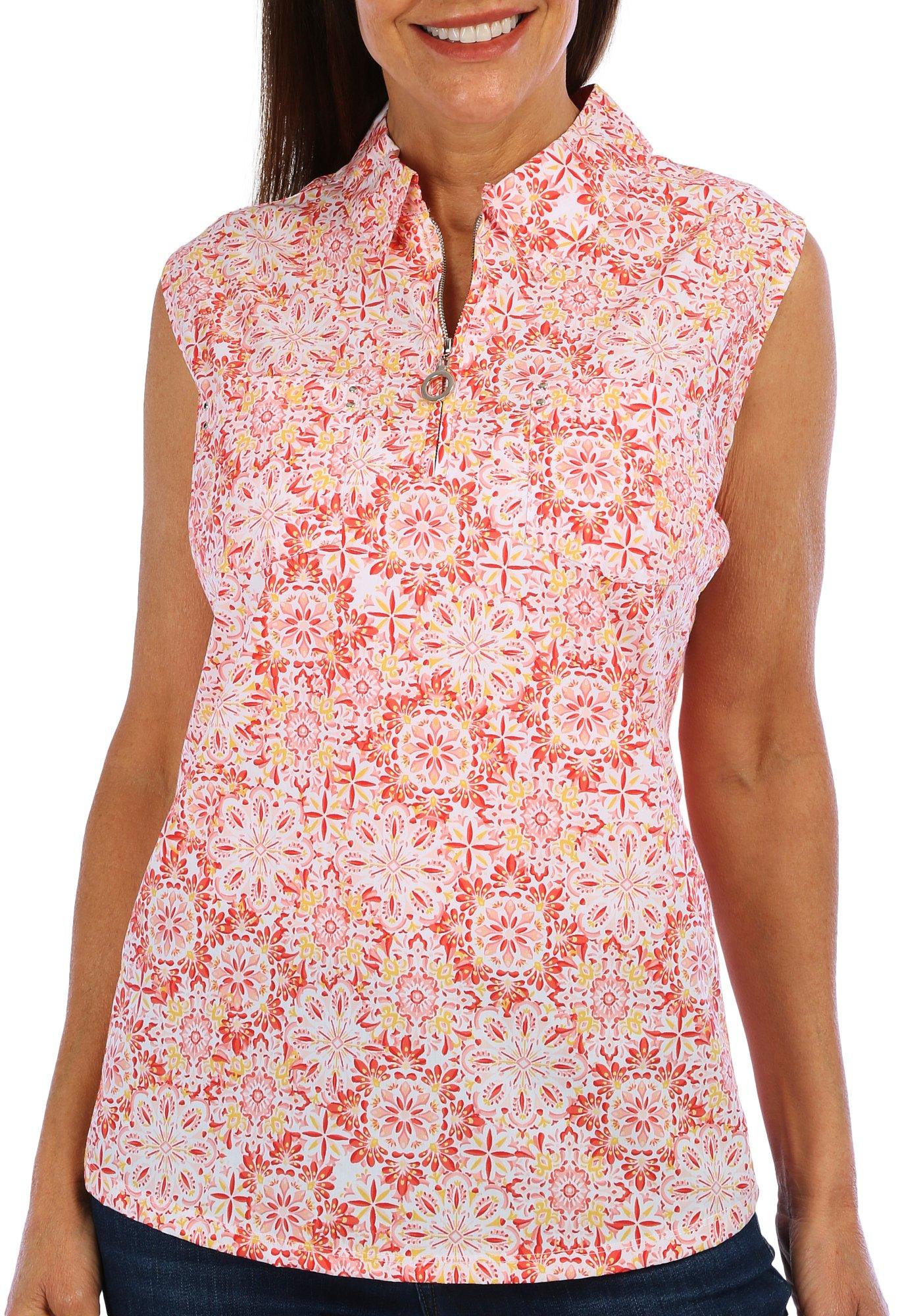 Coral Bay Petite Zip Placket Floral Sleeveless Top