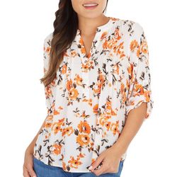 Petite Floral Print Pleated Henley 3/4 Sleeve Top
