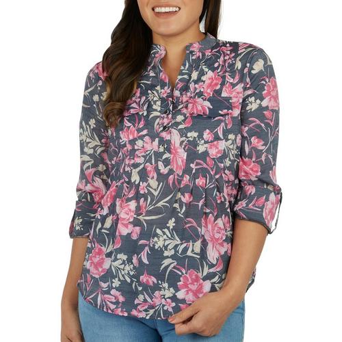Petite Floral Double Pocket Pleated Henley 3/4 Sleeve