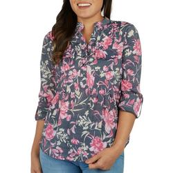 Petite Floral Double Pocket Pleated Henley 3/4 Sleeve Top