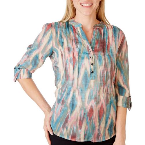 Petite Color Wash Pleated Henley 3/4 Sleeve Top