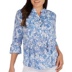 Petite Floral Fields Double Pocket Pleated 3/4 Sleeve Top