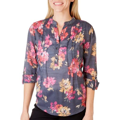 Peitie Floral Pattern Pleated Henley 3/4 Sleeve Top