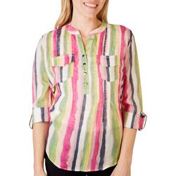 Petite Stripes Double Pocket Pleated Henley 3/4 Sleeve Top