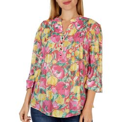 Coral Bay Petite Floral Linen 3/4 Sleeve Top