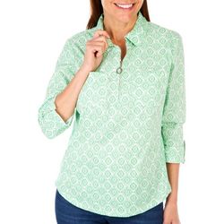 Coral Bay Petite Paisley Quarter Zip Stretch 3/4 Sleeve Top