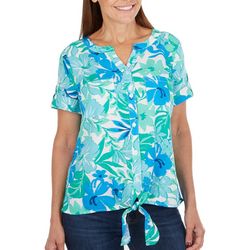 Coral Bay Petite Floral Button Down Tie Short Sleeve Top
