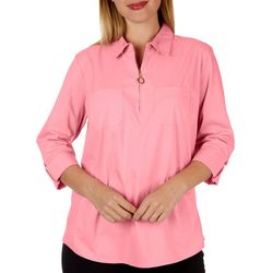 Coral Bay Petite Solid Zippered Knit To Fit 3/4 Sleeve Top