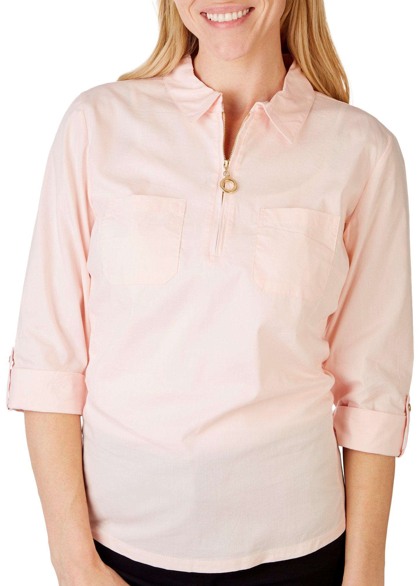 Petite Solid Zippered Knit To Fit 3/4 Sleeve Top